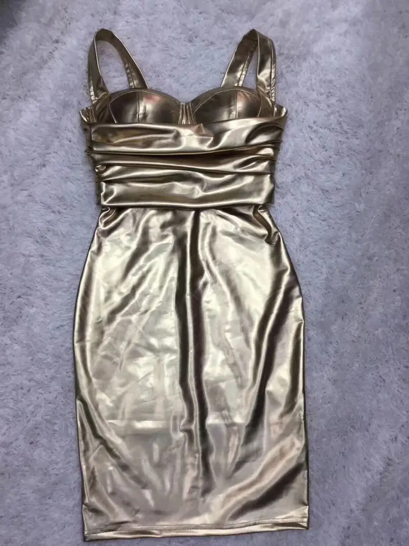 

2020 New Women Elegant Gold V-Neck Spaghetti Strap Vestido Celebrity Evening Party Bodycon Bandage Dresses