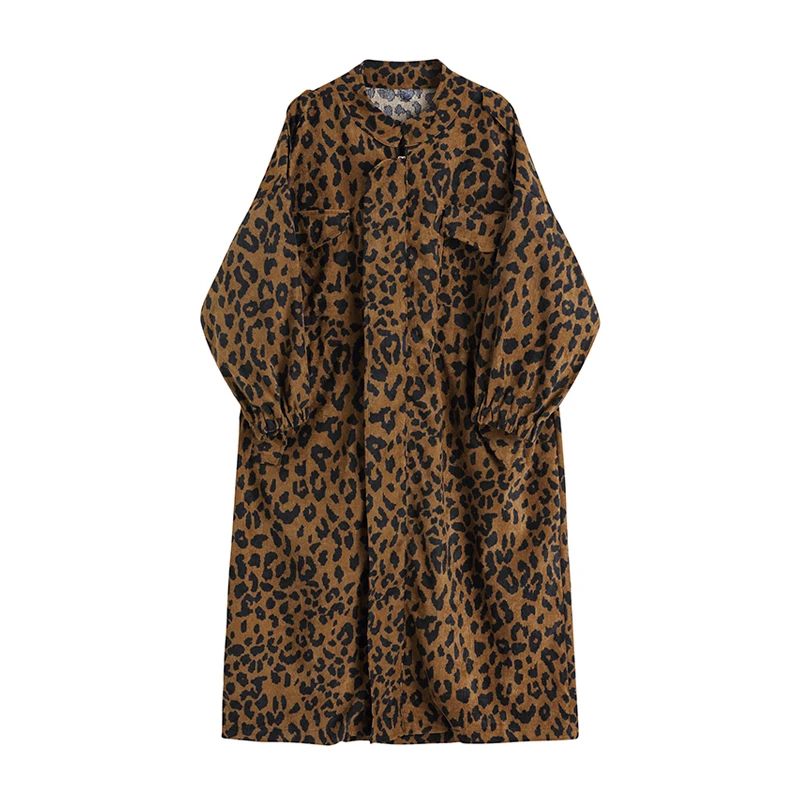 

New England Style Autumn Spring Leopard Print Medium Length Windbreaker Coat Women Fashion Loose Casual Trench Coat Women SL103
