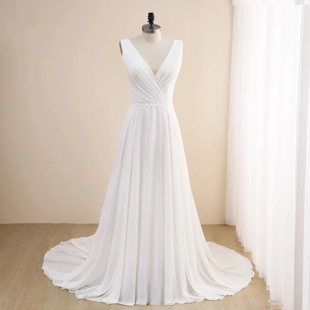 

Vestidos Sexy Wedding Dresses Chiffon Pleat V-Neck Sleeveless Backless A-Line Bridal Gowns Novia Do 2021