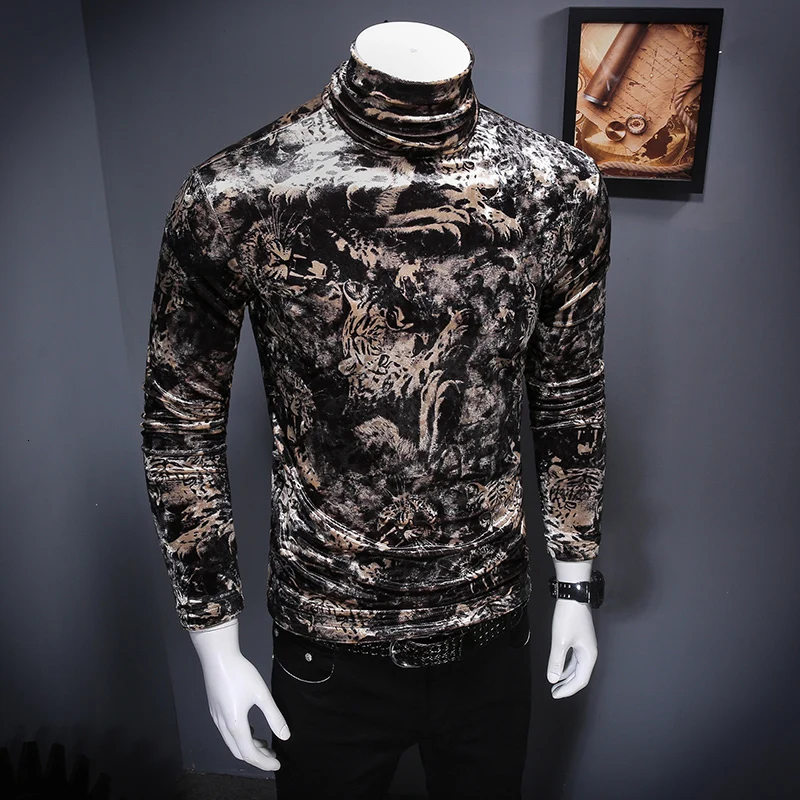 Vintage Shirts Animal Pattern High-end Luxury Long-sleeved Autumn 2020 Quality Velvet Soft Elastic T Shirt Men | Мужская одежда