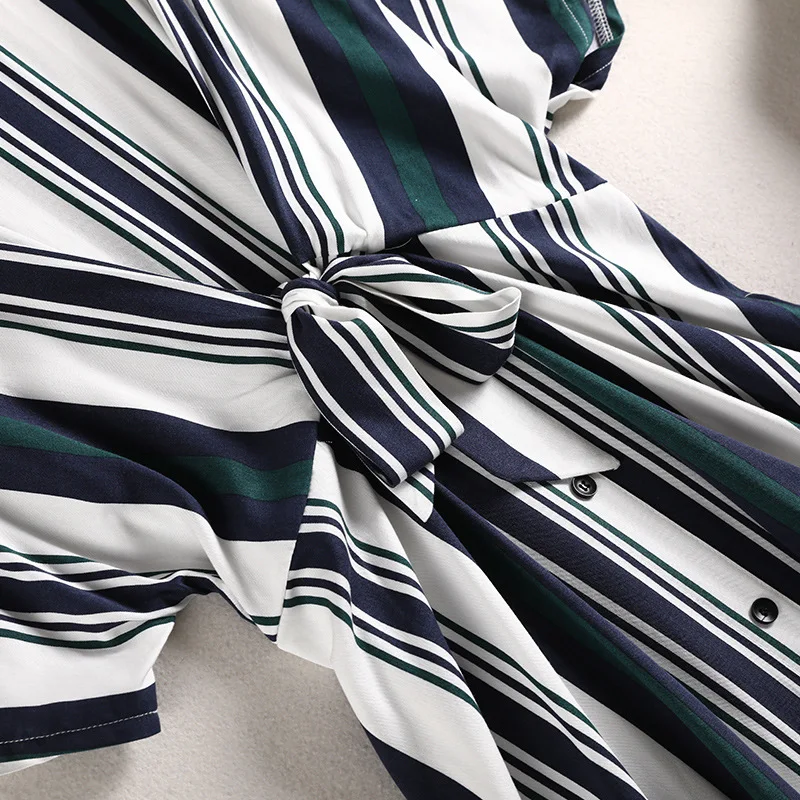 

Summer Dresses for Women 2020 Office Lady Chiffon Striped Short Sleeve Button Lace-up Waist Plus Size Dresses for Women 4xl