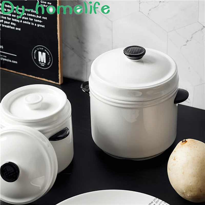 Керамическая тушеная кастрюля Корейская двойная крышка белая круглая миска для