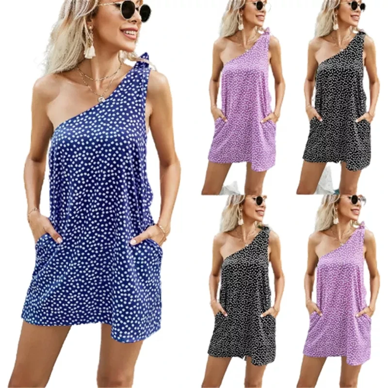 

New Summer Casual Loose Beach Dresses Women Bohemian Floral Print Dress Sexy One Shoulder Pockets Mini Short Dress 2021 Clothing
