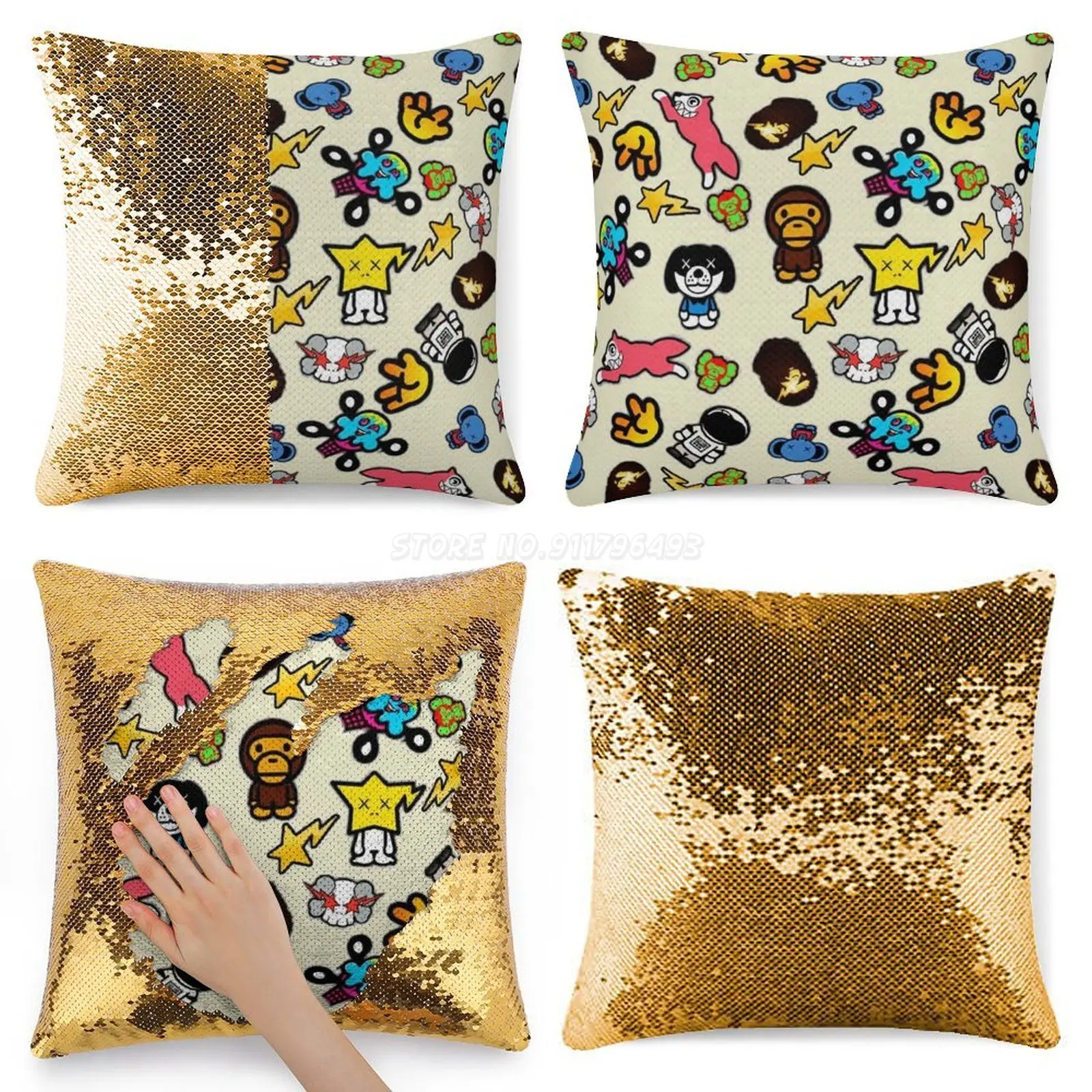 Чехол с блестками и коллажем для подушки диванной 40 см x милый модный