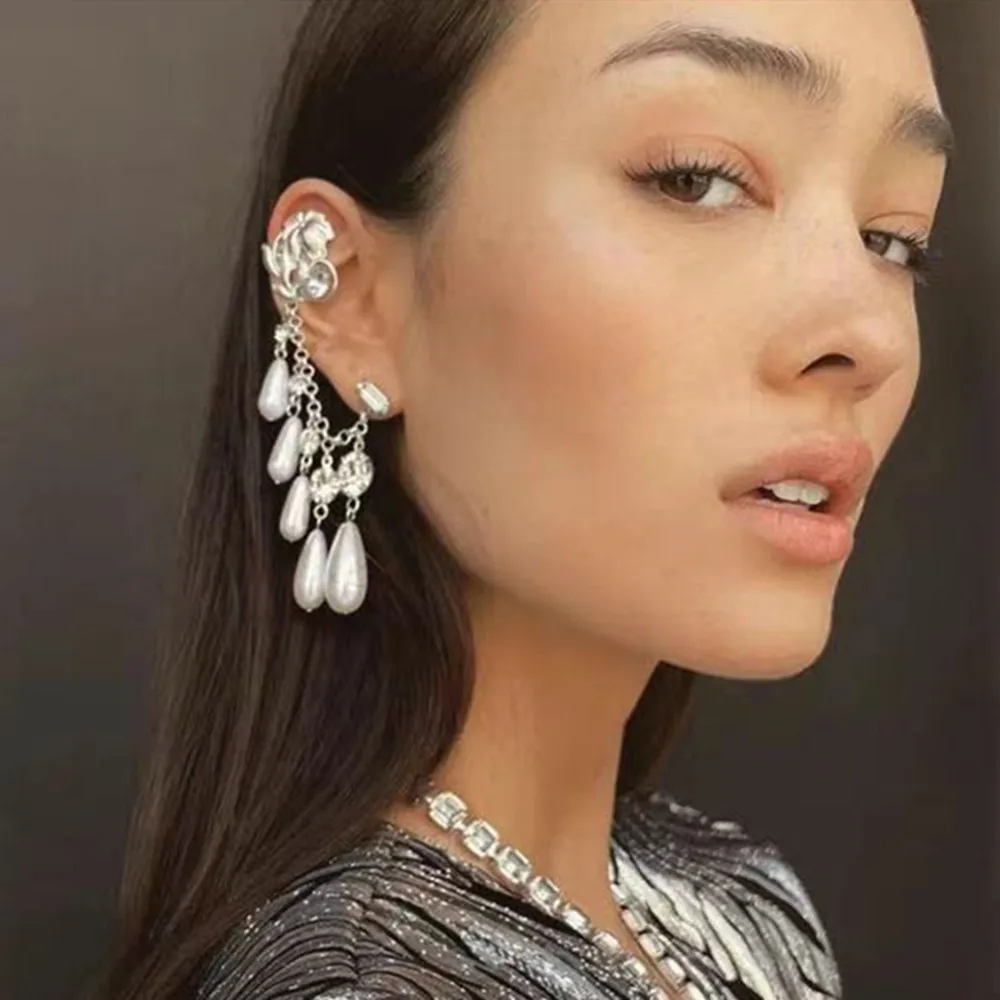 

Vintage Rhinestone Pearl Tassel Chain Earrings Ear Clips Wedding Jewelry for Women Metal Flower Stud Drop Earrings Accessories