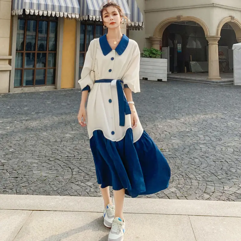 

Women 2020 Spring Autumn Casual Patchwork Dresses Female Full Sleeve Sashes Dress Ladies Turn-down Collar A-line Dress P175