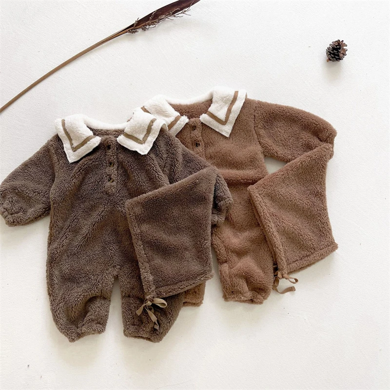 

Newborn Baby Long Sleeve Plus Velvet Romper Winter Warm Cotton Navy Collar Jumpsuit One-piece Outfit with Hat Winter Outfits