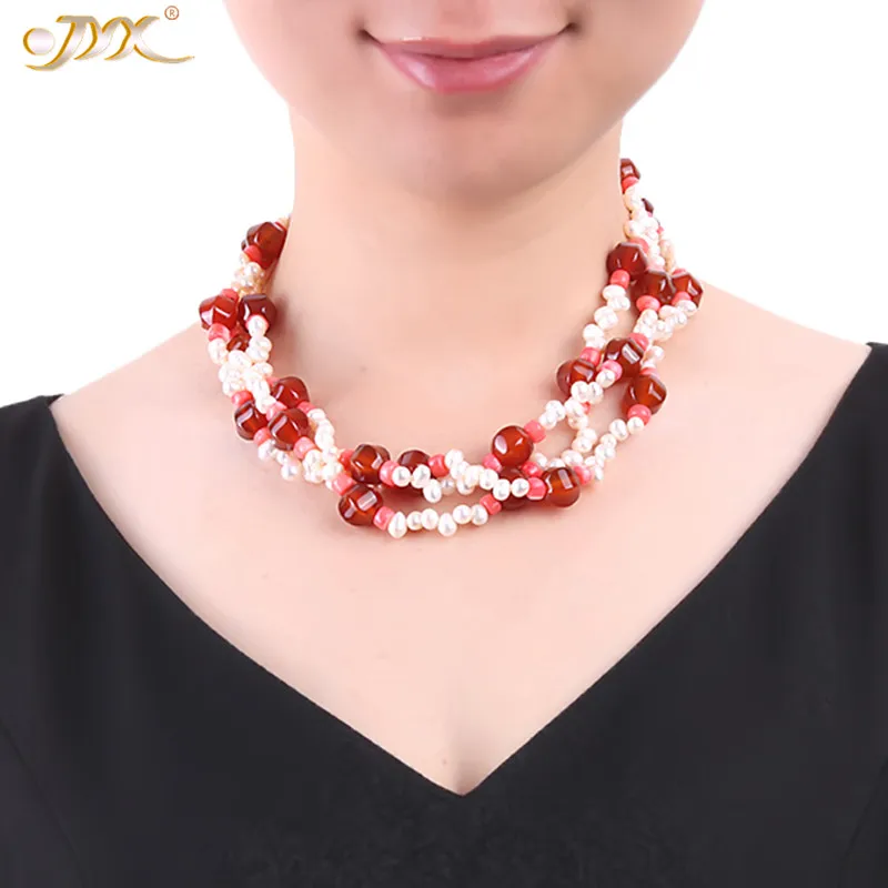 Ожерелье JYX из белого пресноводного жемчуга с тремя нитями бусины красного агата