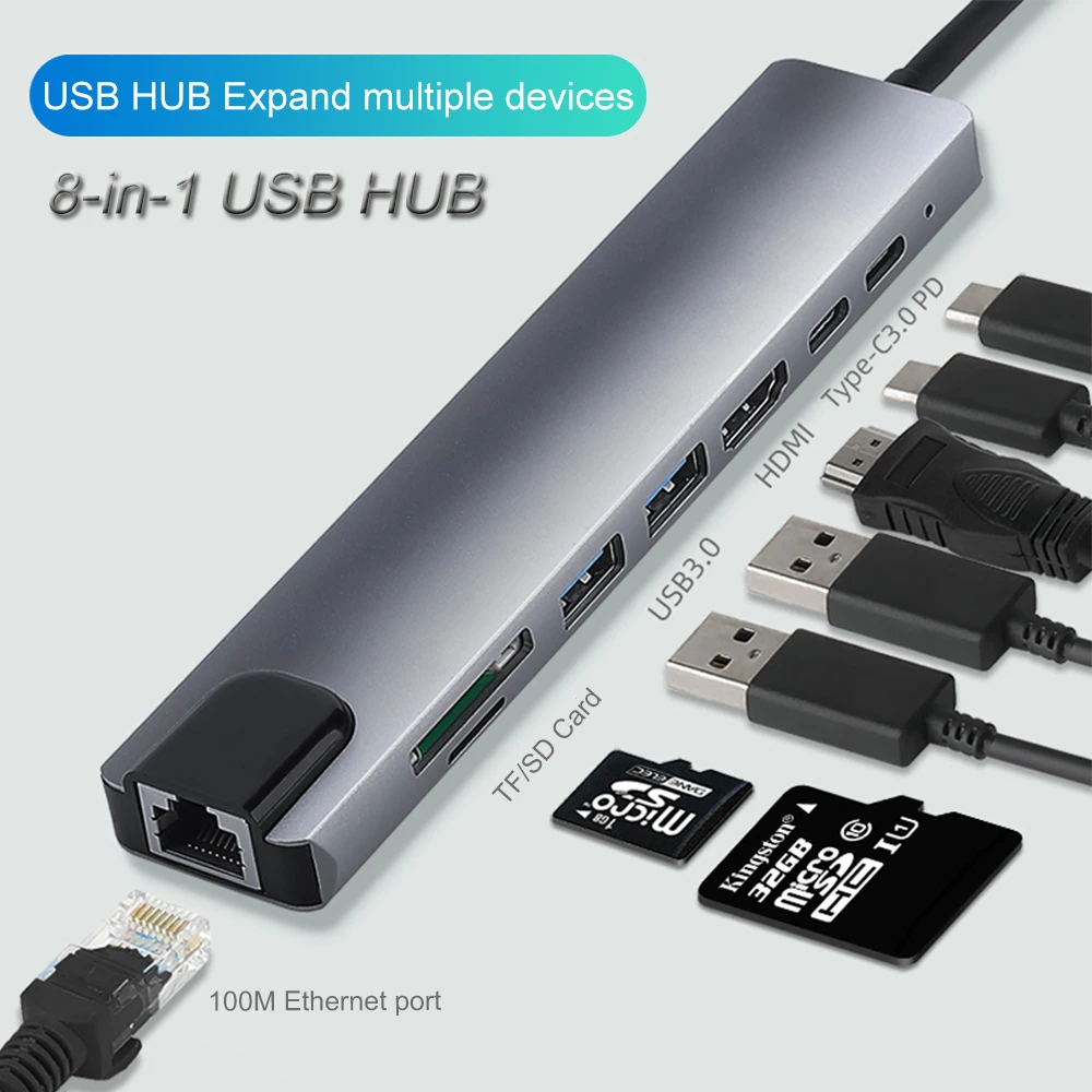 

8-в-1 Тип C Hub адаптер с разъемом Ethernet Порты и разъёмы 4K HDMI с 2 портами (стандарт 3,0 Порты и разъёмы s 65 Вт PD зарядки Порты и разъёмы и SD/устройство ...
