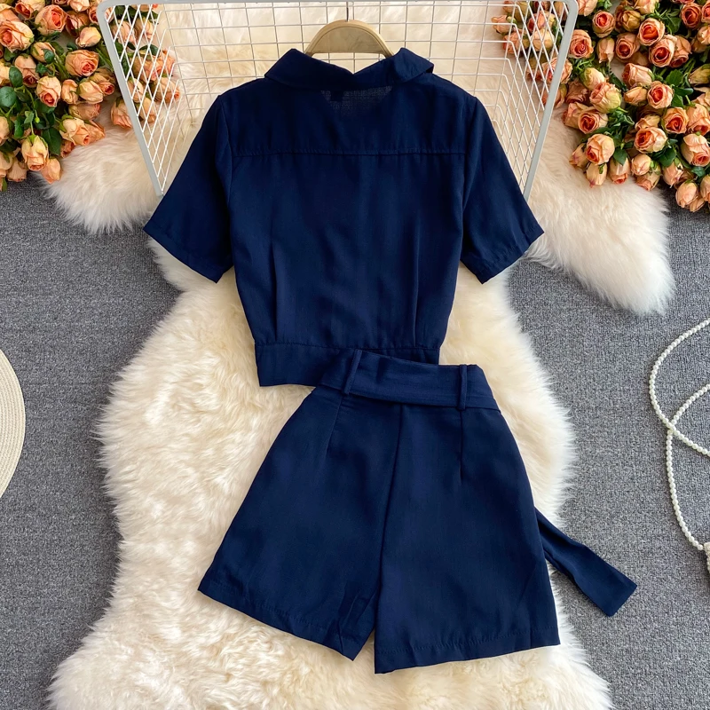 

Summer Office Ladies Two Piece Set Blue Turn-Down Collar Short Sleeve Single Breasted Blouse + Wide Leg Shorts Female Suit 2021