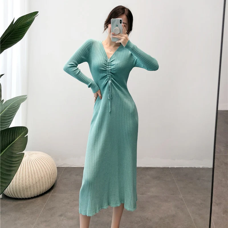 

Женское длинное трикотажное платье-свитер, трикотажное ТРАПЕЦИЕВИДНОЕ ПЛАТЬЕ С V-образным вырезом, весна-осень 2021