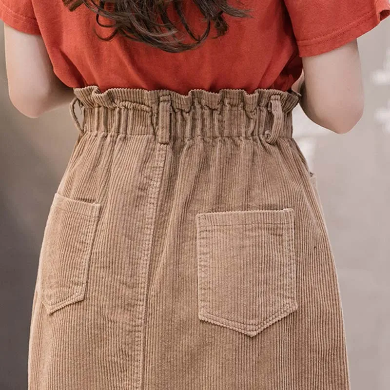 

Femme Plus Size Corduroy Skirt Women Winter Long Buttock Wrapping High Waist Retro Jupe Solid Black Button Pock Zipper 5XL Saia