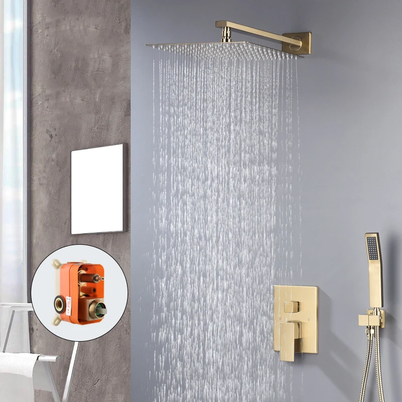 

Full copper brushed gold dual function wall mounted shower set square pressurized 12 "top shower hot and cold set