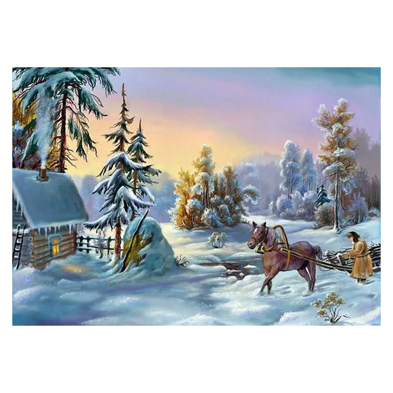 

DMC Cross Stitch Thread Needlework Sets Home Decor Scenic Hut and carriage in the snow Patterns Printed Diy Embroidery Kits