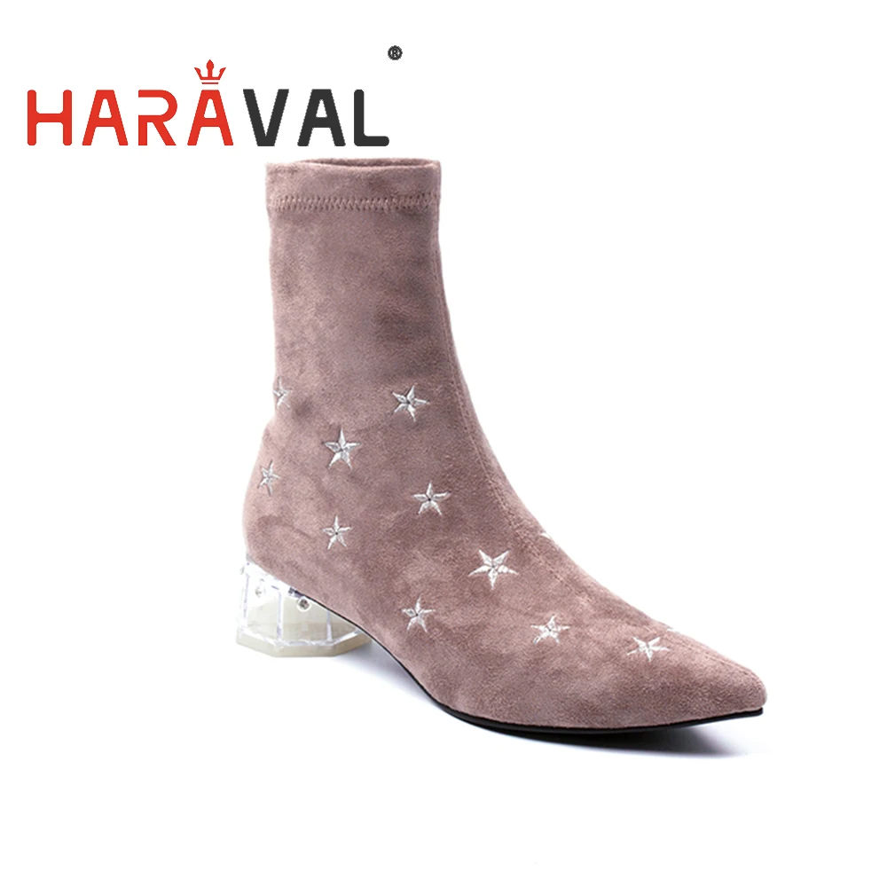 

HARAVAL women Elastic sock boots pointed toe Transparent thick heels ankle boots black pink suede fashion women shoes E123L