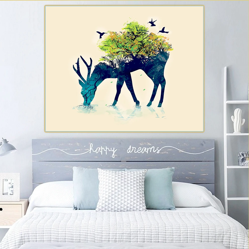 Художественная картина Citon на холсте лес и птицы задней стороне лося