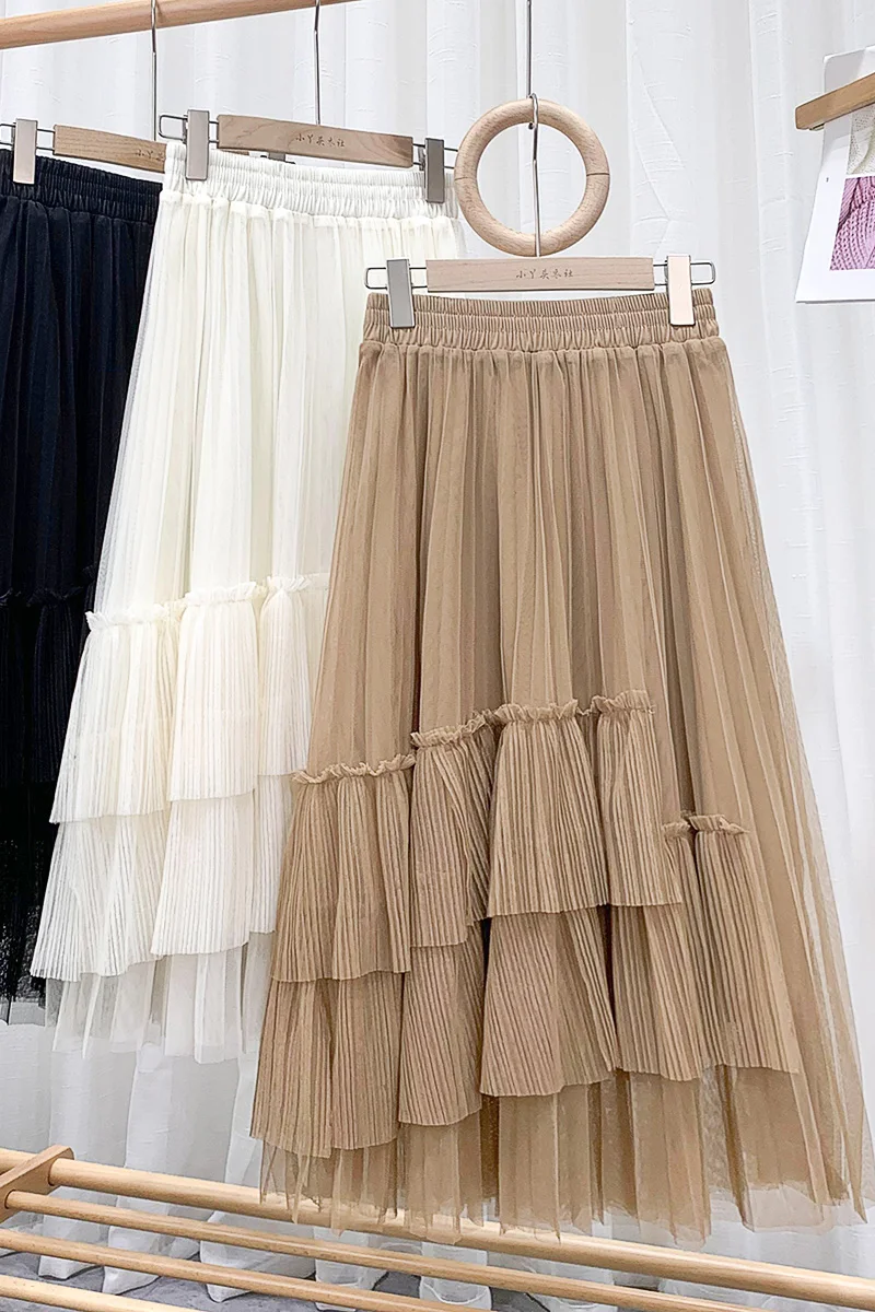 

Early Spring New High-Waisted Thin Mid-Length Skirt Fairy Temperament Irregular Double-Layer Mesh Skirt Female 504