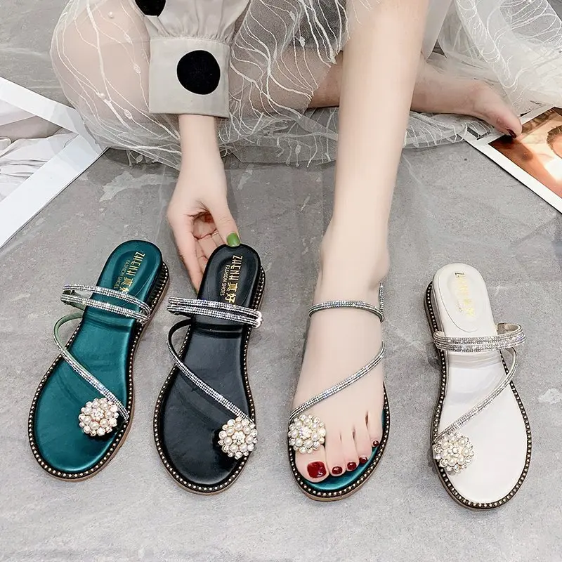 

Kiiyilala Crystals Slides Women Pearl Design Wedge Heel Slippers And Sandals Switch Flat With Flip Flop Summer Cool Beach Slides