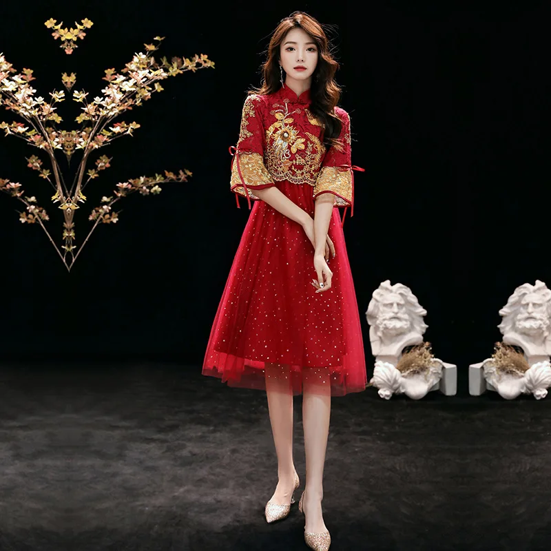 

Беременные женщины китайский свадебный свадебное платье изысканный Аппликации, отделка Элегантная новинка Qipao сетка бордовый Формальные В...