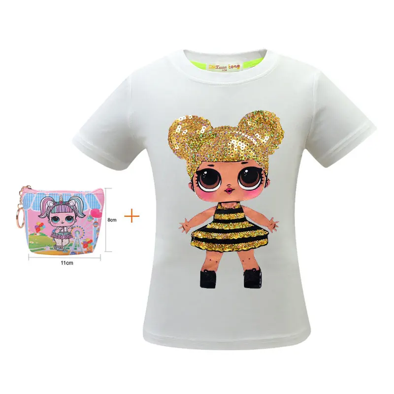 Новая футболка с короткими рукавами изображением куклы сюрприз и блестками для