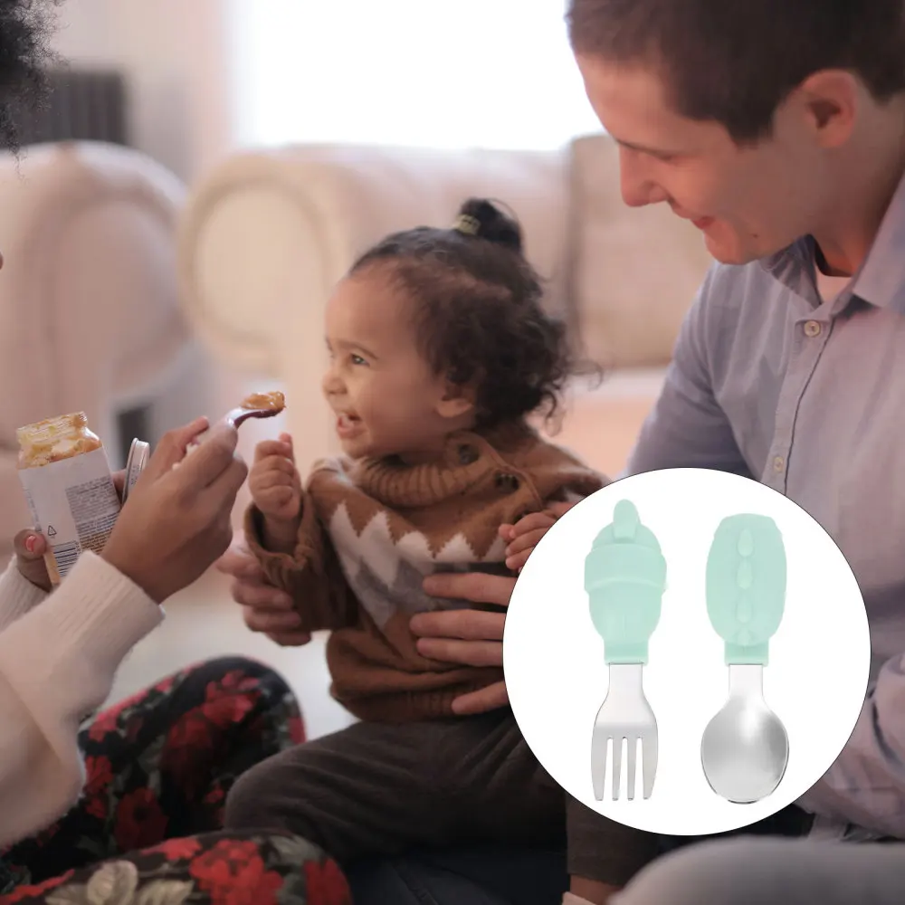 

1Set Stainless Steel Fork Infant Feeding Spoon Baby Self-feeding Flatware Set