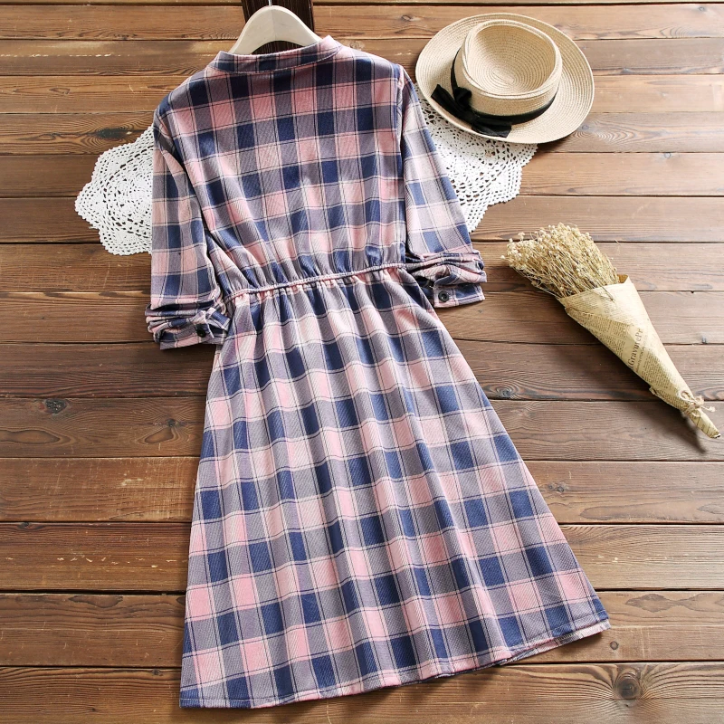 Японский Мори девушка зимнее платье женский длинный рукав проверенный плед