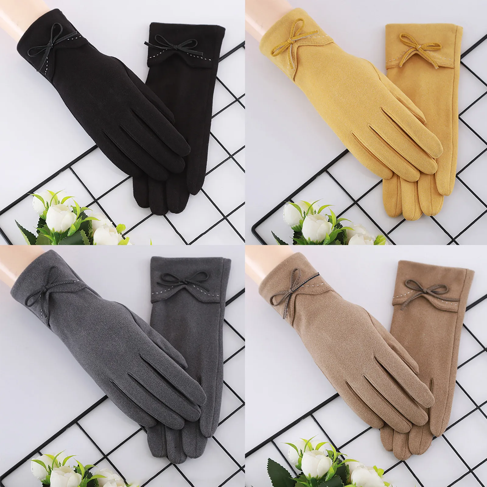 

Women's Autumn And Winter Solid Color German Velvet Knot Decorated Touch Screen Windproof Gloves