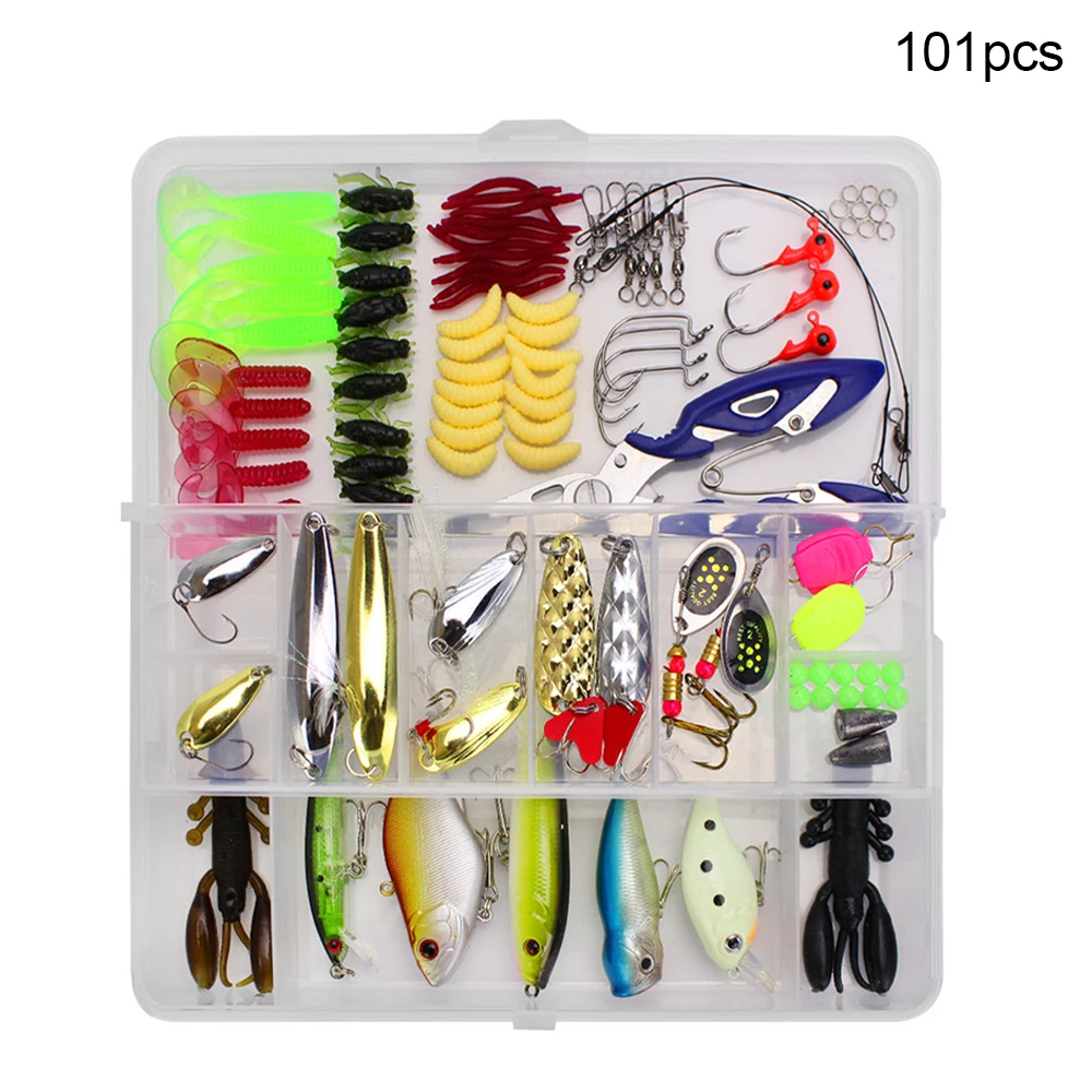 

Multi 101 Pieces of Fishing Lure Kit Set Spinner Crankbait VIB Soft Hard Spoon Crank Baits Fishing Hooks Tackle Box Accessories