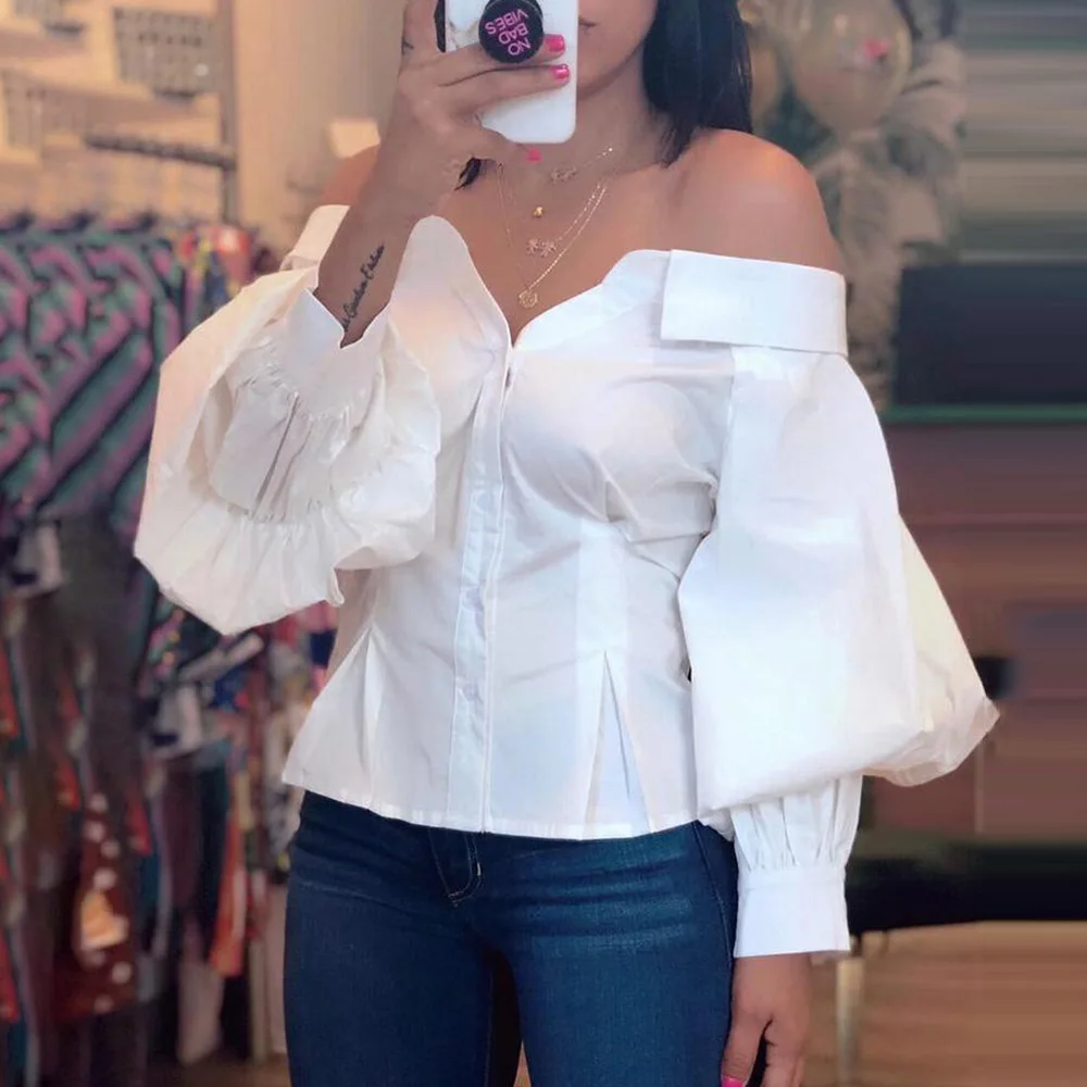 Однотонная блузка с вырезом лодочкой и рукавами сексуальные 2019 белые вечерние