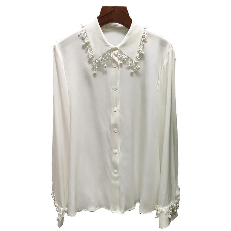 

Top Quality New 2020 Autumn Blouse Shirt National Silk Women Tassel Beading Deco Long Sleeve Elegant White Shirt Blusas Feminino