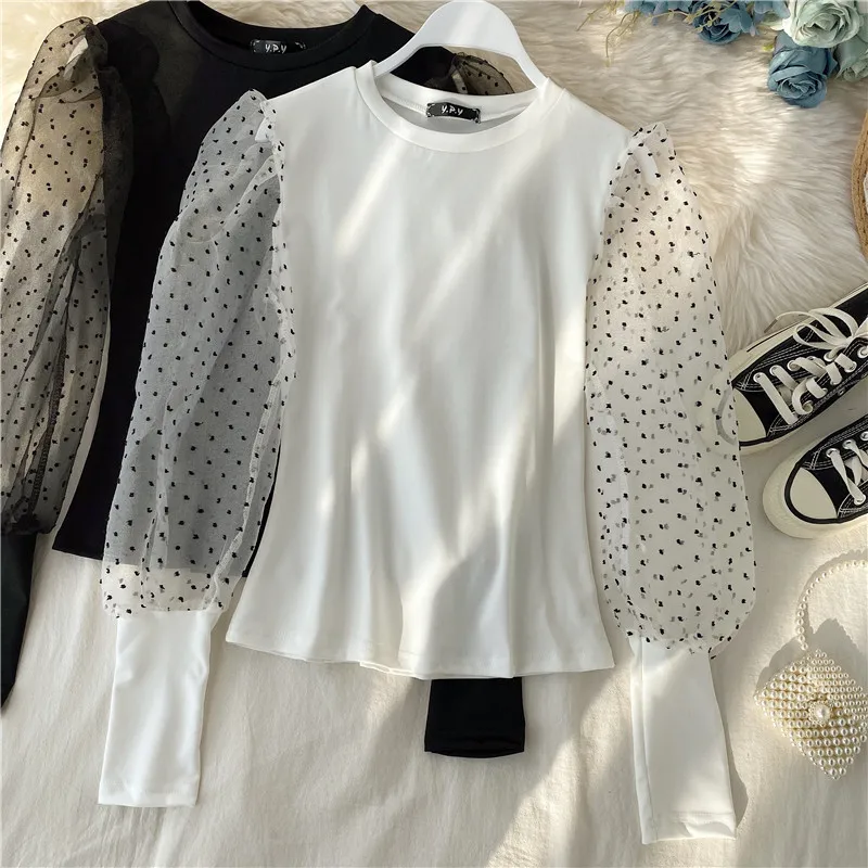 Сексуальный прозрачный топ винтажный буф футболка с длинным рукавом Женские