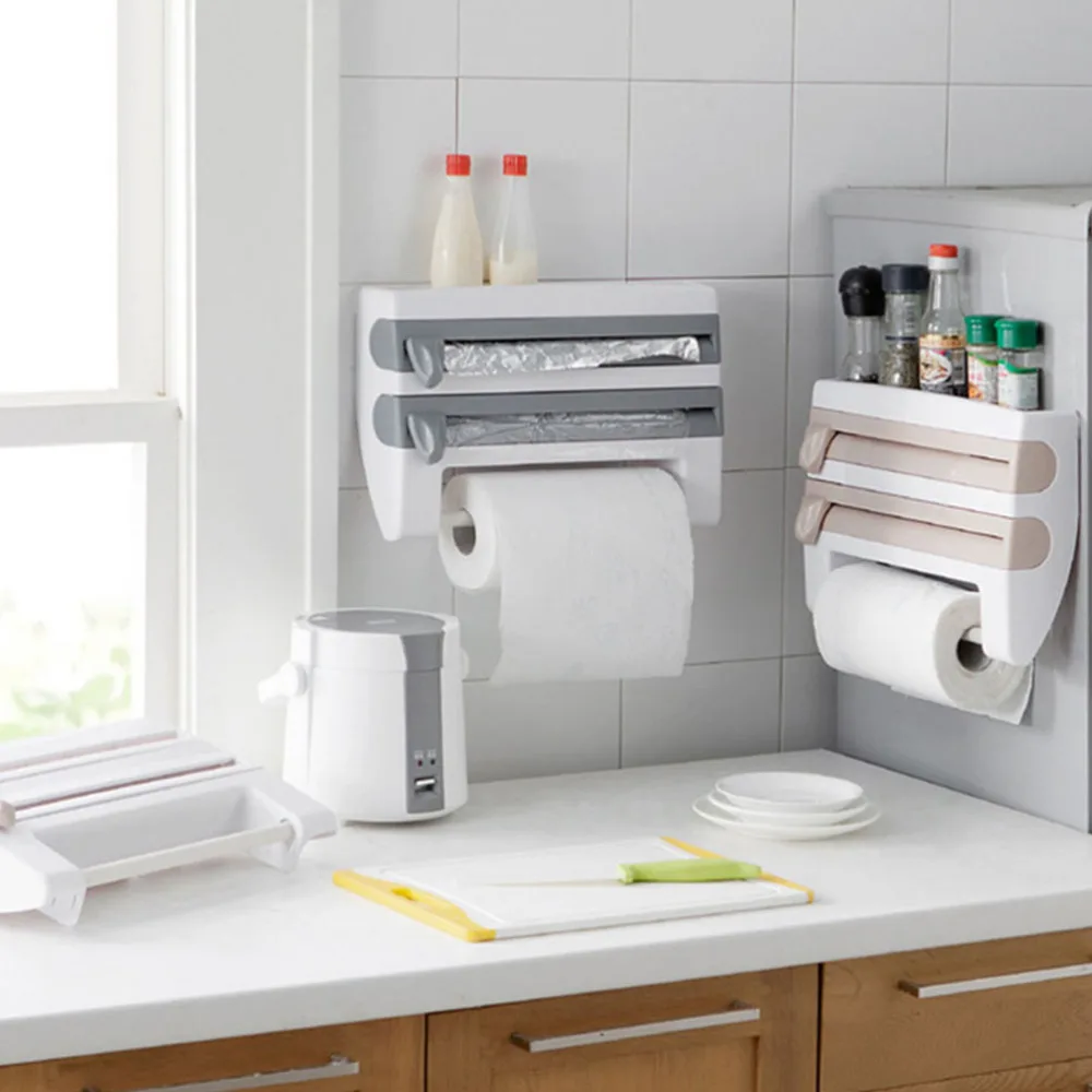 

Multifunctional Home Kitchen Film Sauce Bottle Storage Rack Paper Dispenser Preservative Film Rack Kitchen Accessory (White)