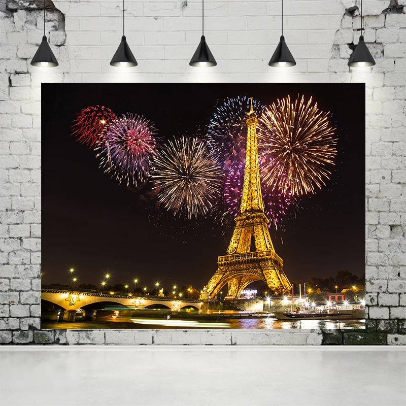 

VinylBDS Eiffel Tower Paris Fireworks Newborn Baby Photography Backdrops Night Lights Photo Studio Background for New Year Props