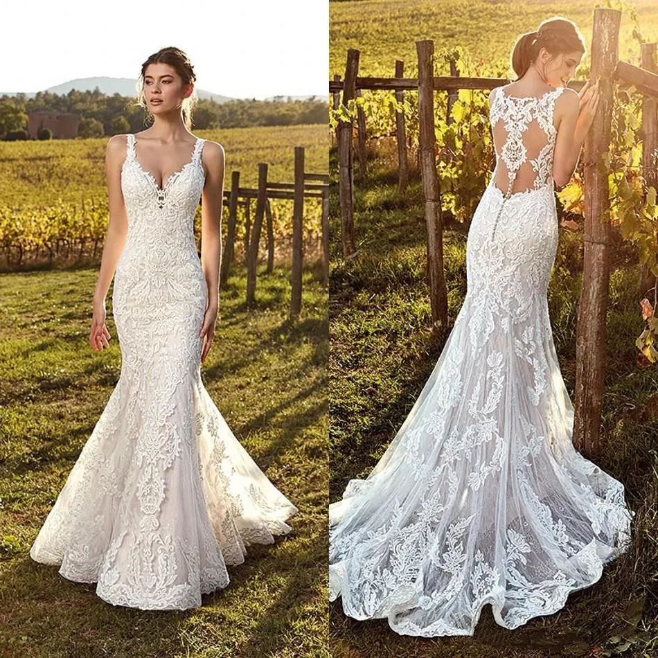 

Vintage Ivory Straps Deep V Neck Lace Mermaid Wedding Dresses Full Lace Tulle Summer Beach Wedding Bridal Gowns Illusion Back