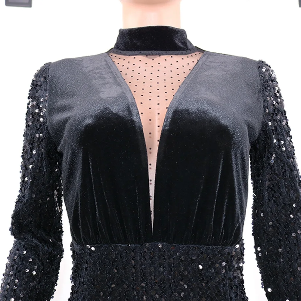 

Women Blue Velvet Dress Long Sleeve Sequined Bodycon High Waist See Through Elegant For Evening Night Club Sexy Mini Dresses Hot