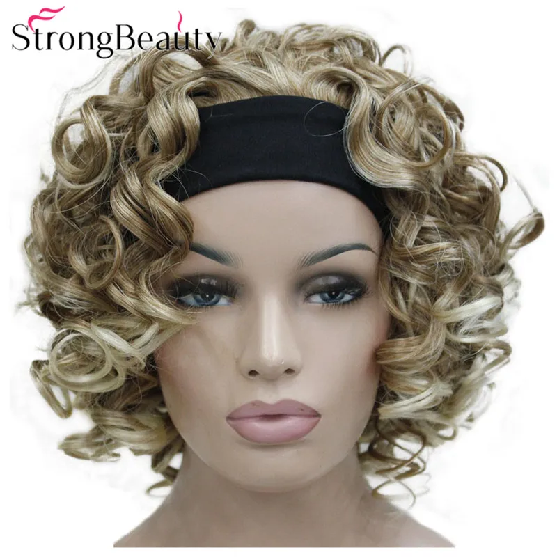 StrongBeauty Короткие вьющиеся синтетические парики с повязкой на голову женские черные/красные/светлые/коричневые парики 3/4 половина парик для женщин