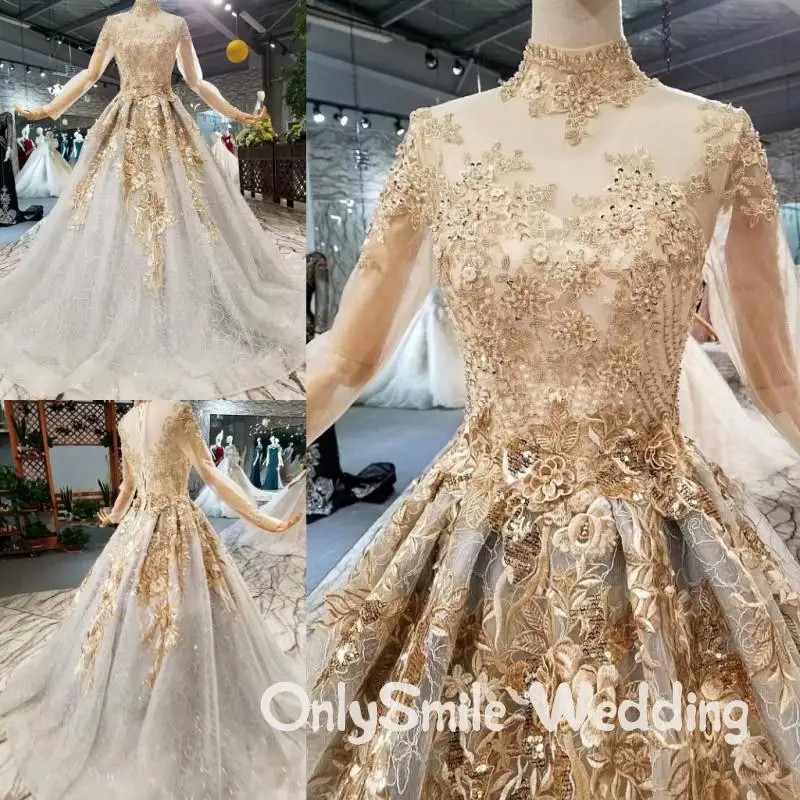 

Свадебное платье с золотыми кружевами, свадебное платье для мусульман, Арабская высокая шея, прозрачное, с длинными рукавами, размера плюс, ...