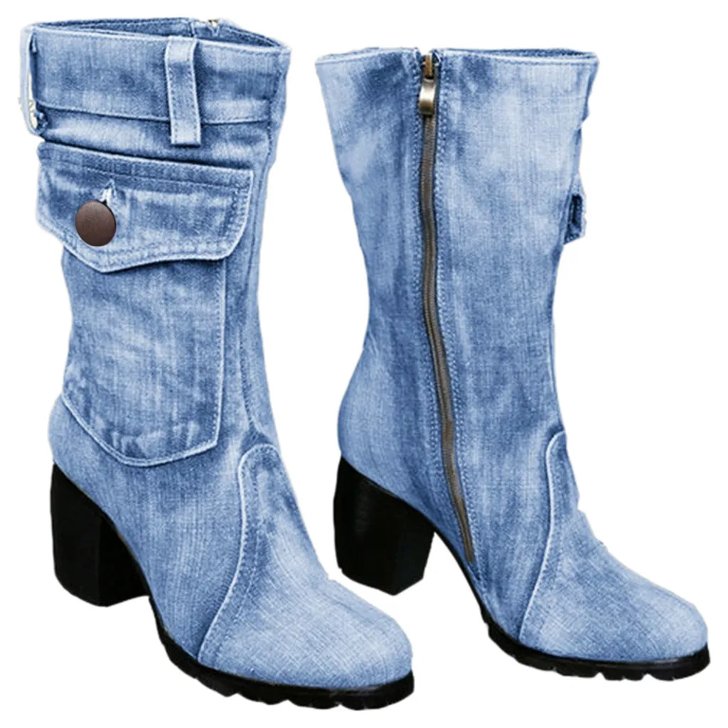 

Blue jeans boots Women's Mid-rise Rome Solid Slip-On Chunky Med Heels Boots wild vintage Large Size Ladies shoes