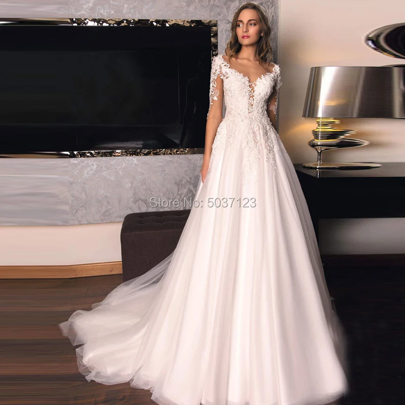 Половина рукава Vestido De Noiva Тюль линии Свадебные платья V шеи свадебное платье