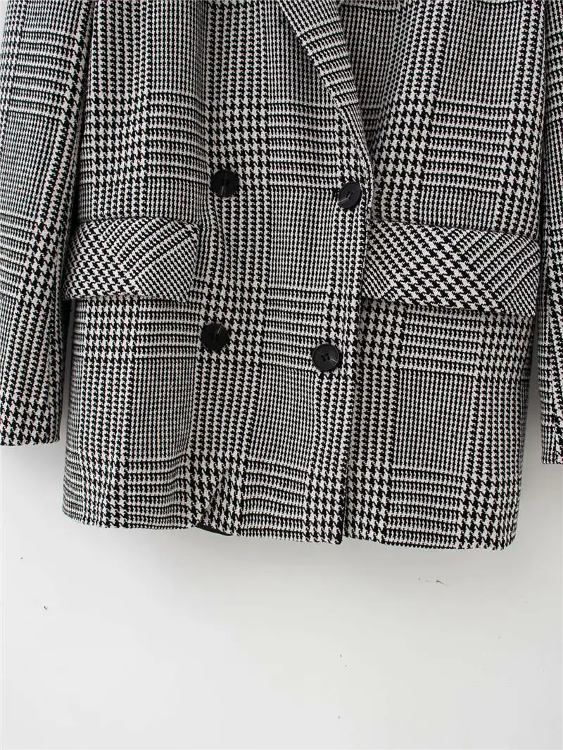 

Elegant women houndstooth causal blazer autumn office ladies pocket jackets loose female grey plaid suits girls chic sets