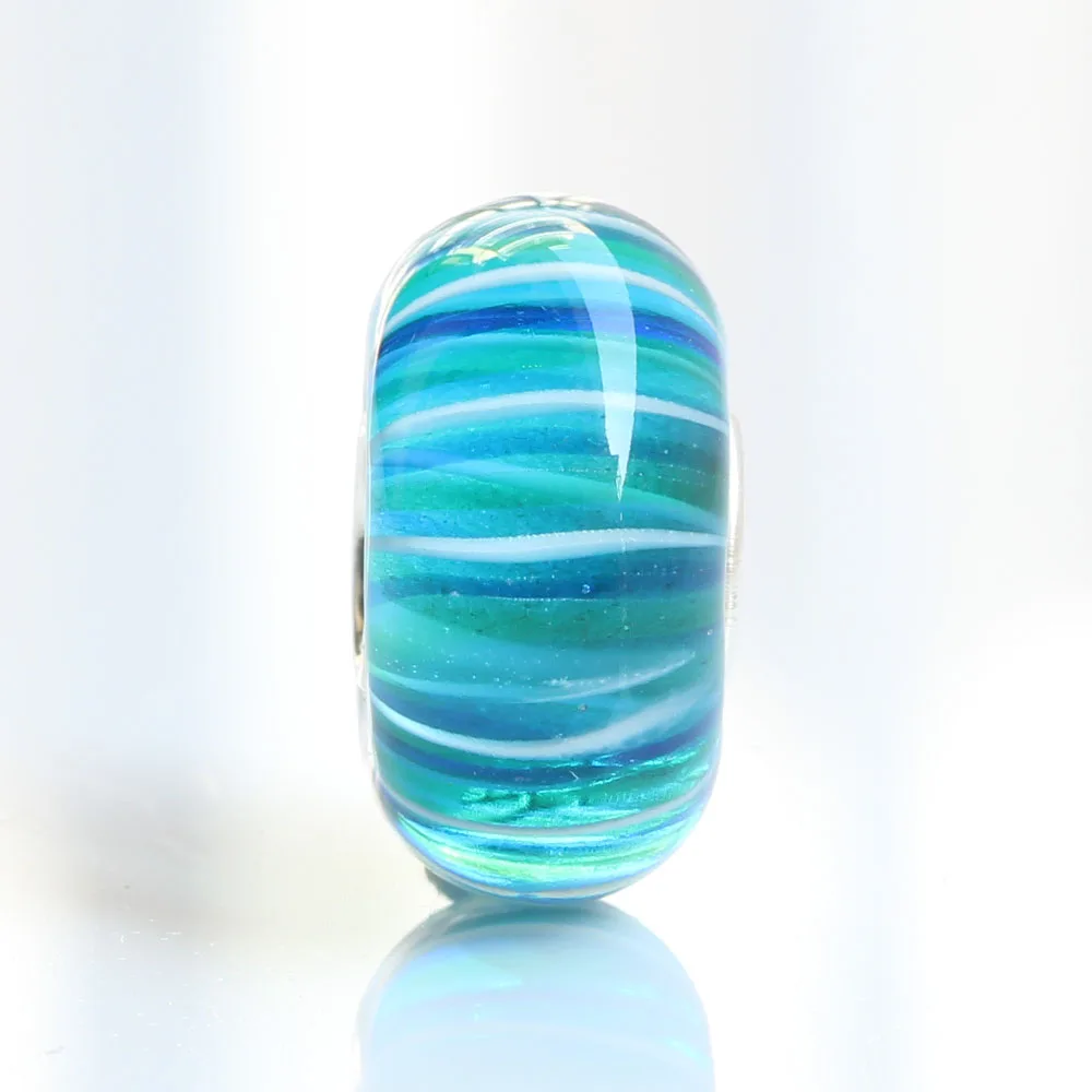 Стеклянная бусина в сине-зеленую полоску с цепочкой и браслетом из серебра 925