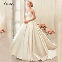 verngo vintage a line lace and satin wedding dresses o neck backless buttons skirt sweep train bridal gowns with pockets