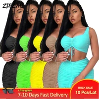 bulk items wholesale lots women two piece skirt sets ruched drawstring slim fit tank topbodycon mini dress sexy matching suit