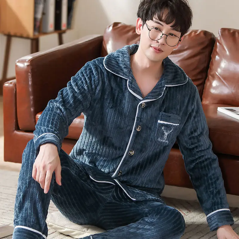 man pajama set Теплая Пижама Мужская Фланелевая Зимняя Толстая Пижама Мужская Толстая пижама с длинным рукавом Повседневная Осенняя Пижама для мужчин коралловый флис для сна XXXL - Цвет: man pajama set