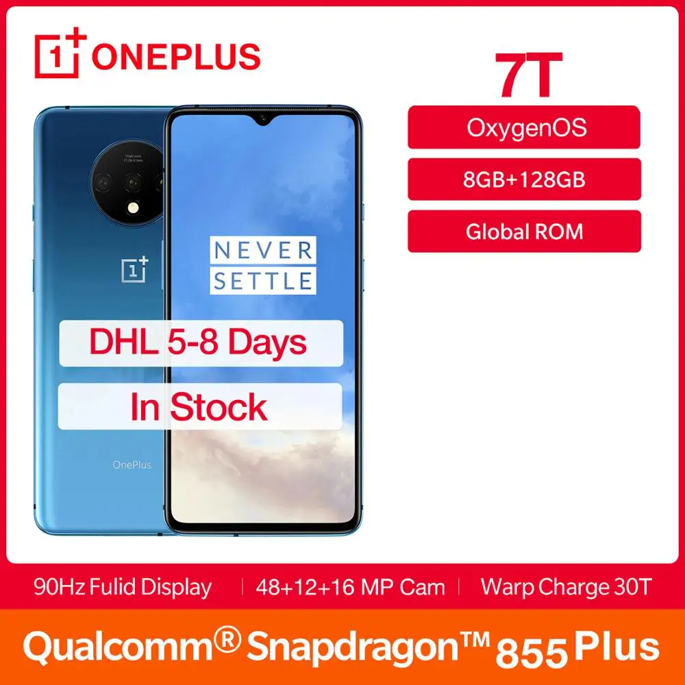 Смартфон OnePlus 7T 8 ГБ ОЗУ 128 Гб ПЗУ Fulid AMOLED 6 55 дюйма 90 Гц Snapdragon 855 Plus NFC UFS 3 0 тройная