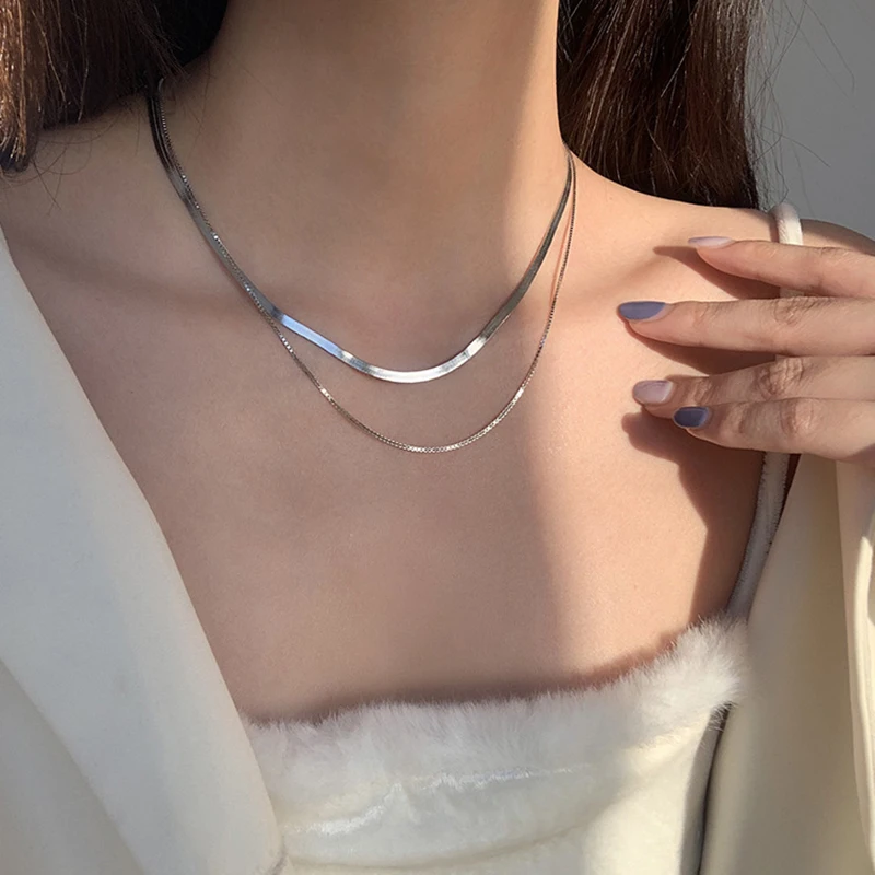 

925 Sterling Silver Double Layer Snake Bone Chain Necklaces for Women ins Retro Stacking Niche Design Short Necklace S-N777