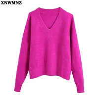 xnwmnz autumn women fashion soft knit sweater vintage casual sweet v neck long sleeves ribbed trims female pullover chic tops