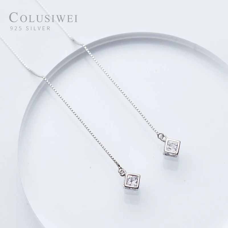

Colusiwei Geometric Cube Long Tassel Drop Earrings for Women Sparkling Clear CZ Dangle Earrings 925 Sterling Silver Jewelry