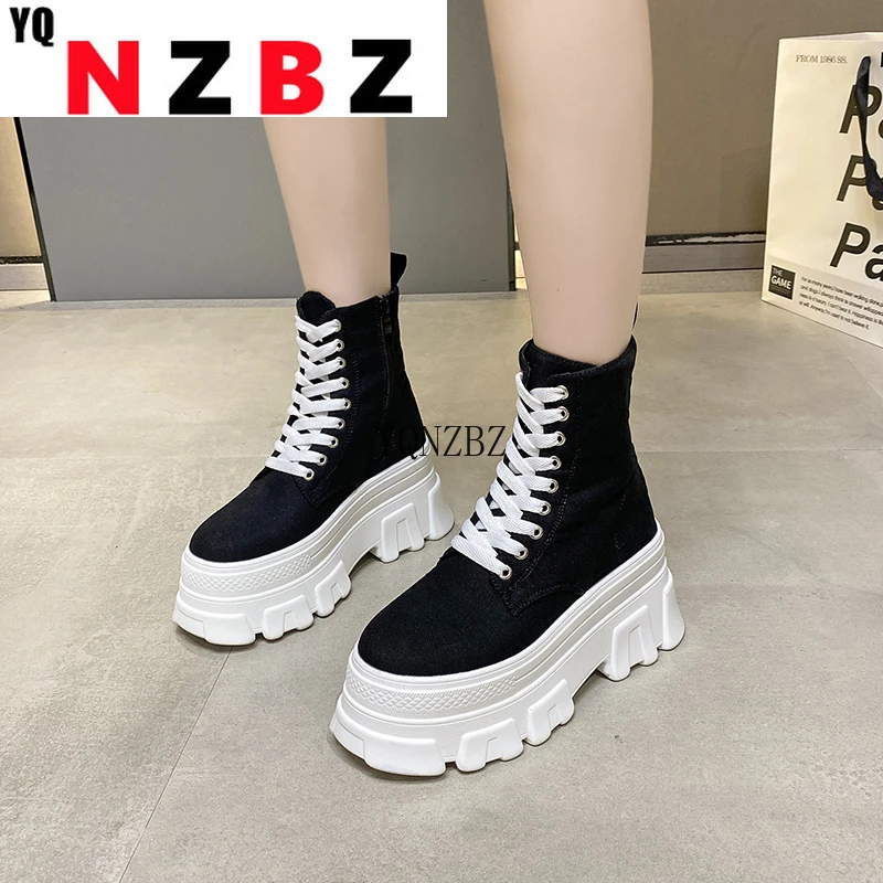 

Platform Shoes Woman Pumps Fashion New Leopard Round Toe Black 9cm Thick Bottom Heels Women Casual High Top Lace Up Canvas Shoes