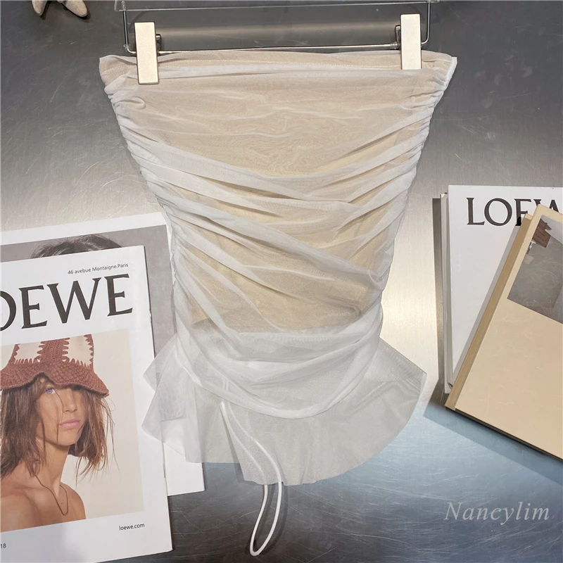 

Mesh Tank for Women 2021 Summer New European Ins Style Irregular Drawstring Sexy Tube Top White Black Nancylim Slim Fit